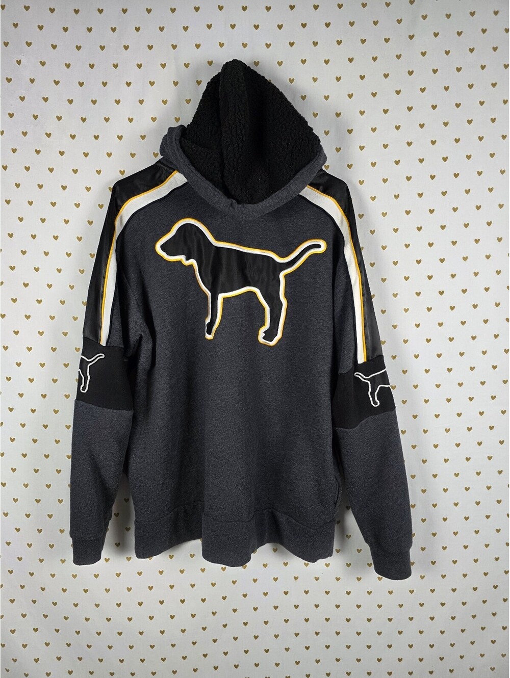 Victorias Secret Pink Embroidered Sherpa Lined Hood Dog Logo Sweater LARGE